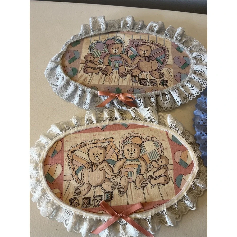 Vintage Wall Hangings With Lace Trim Teddy Bears Toys Embroidery Cottagecore (3)